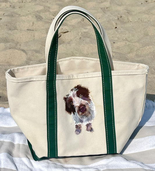 Classic Tote Featuring Hand-Painted Custom Dog Portrait (front) + 2-Color Monogram w/ Stripe (back)